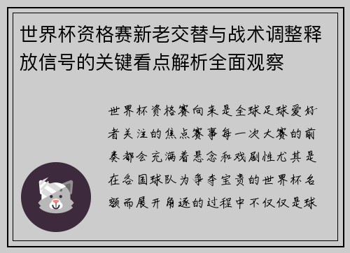 世界杯资格赛新老交替与战术调整释放信号的关键看点解析全面观察